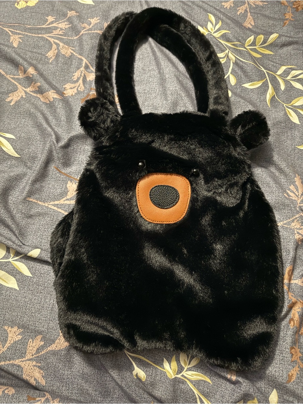 Plush Black Bear Tote Bag with Brown Accent